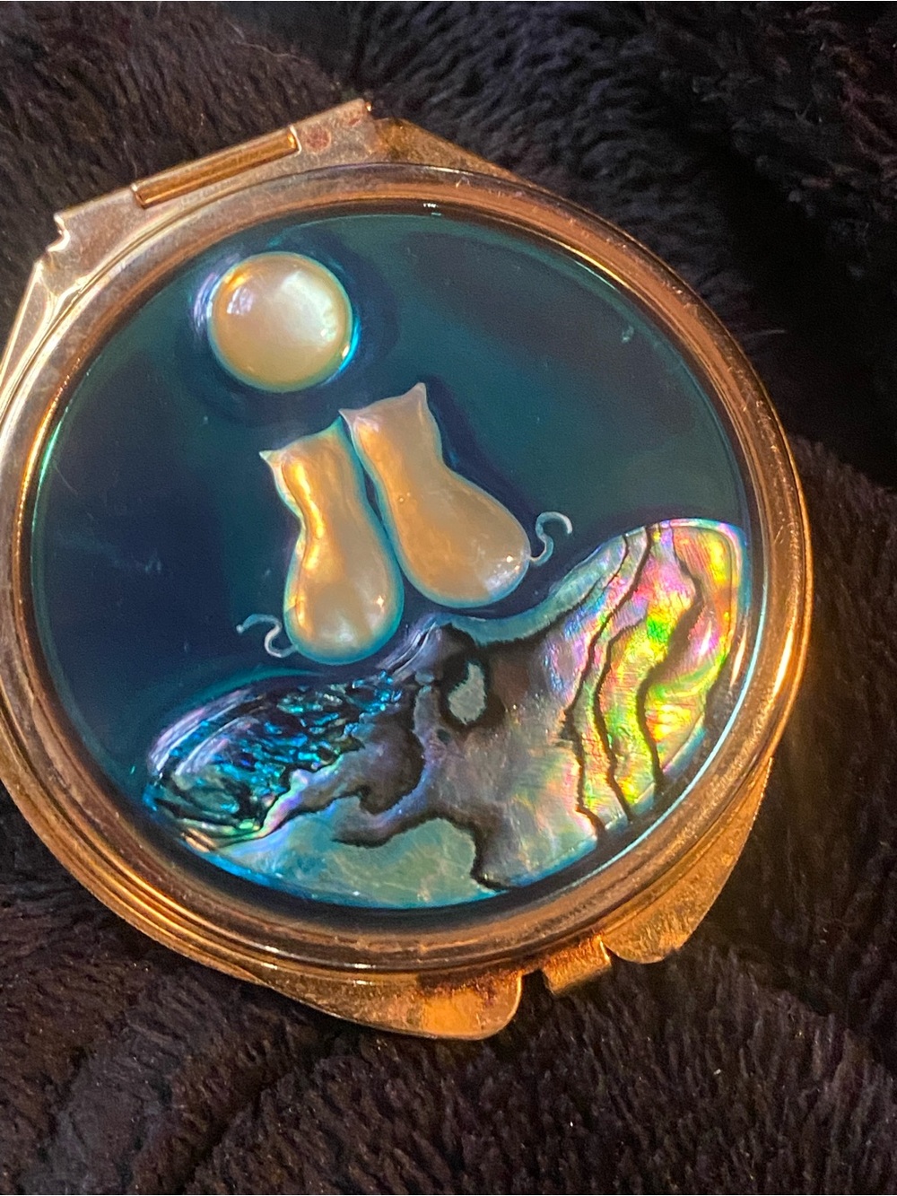 Iridescent Abalone Compact with Pearlescent Cuddling Cats 🐾 💕